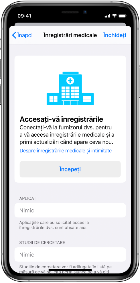 Ecranul de început pentru configurarea descărcărilor înregistrărilor medicale.