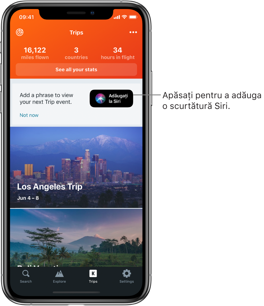 Ecranul unei aplicații de călătorii. Butonul Adăugați la Siri se află în partea dreaptă a textului “Add a phrase to view your next trip event”.