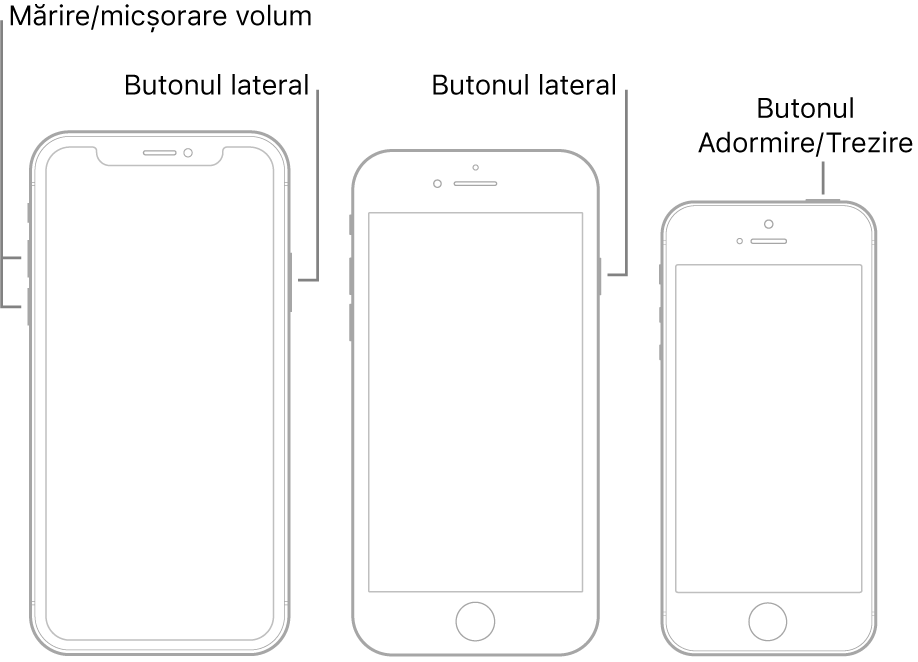 Ilustrații cu trei tipuri de modele de iPhone, toate cu ecranele îndreptate în sus. Ilustrația din stânga prezintă butoanele de mărire și de micșorare a volumului de pe partea stângă a dispozitivului. Butonul lateral este afișat în partea dreaptă. Ilustrația din mijloc prezintă butonul lateral din dreapta dispozitivului. Ilustrația din dreapta prezintă butonul Adormire/Trezire din partea de sus a dispozitivului.