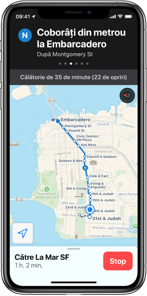 Harta unei rute de transport în San Francisco. Fișa rutei din partea de sus a ecranului afișează instrucțiunea “Coborâți din metrou la Embarcadero”.
