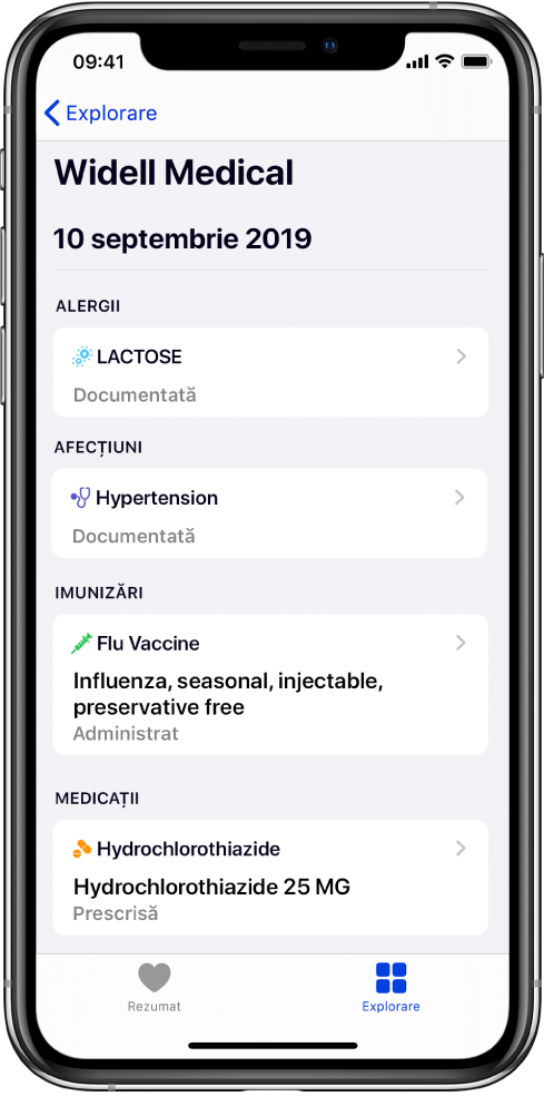 Titlul “Widell Medical” apare în partea de sus a ecranului din aplicația Sănătate. Sub titlu apar informații despre mai multe tipuri de înregistrări medicale. Categoria de sus, Alergii, conține o înregistrare: Lactoză (Documentată). O comandă săgeată în dreapta indică faptul că sunt disponibile mai multe informații pentru înregistrare. Ecranul include înregistrări medicale suplimentare pentru categoriile Afecțiuni, Imunizări și Medicații.