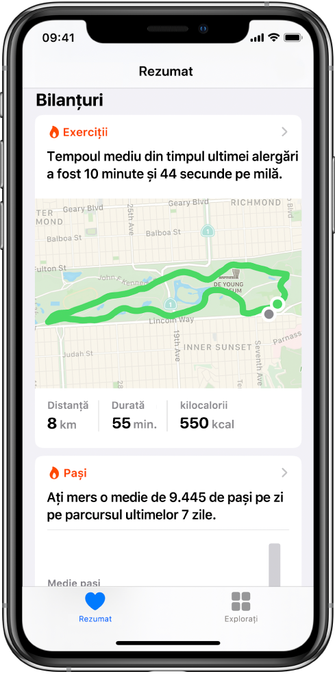 Un ecran Rezumat din aplicația Sănătate afișând bilanțuri care includ timpul, distanța și ruta ultimului exercițiu de alergare și numărul mediu de pași făcuți în ultimele 7 zile.