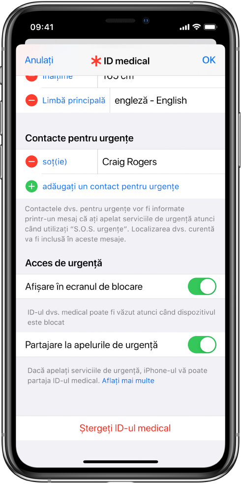 Ecranul ID medical. În partea de jos sunt opțiuni pentru afișarea informațiilor ID-ului medical atunci când este blocat ecranul iPhone-ului și când efectuați un apel de urgență.