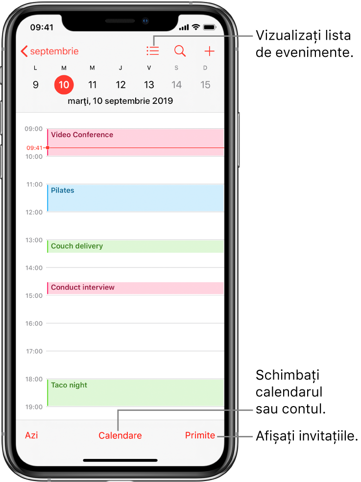 Un calendar în vizualizarea zilei, afișând evenimentele zilei. Apăsați butonul Calendare din partea de jos a ecranului pentru a schimba contul de calendar. Apăsați butonul Primite din dreapta jos pentru a vedea invitațiile.