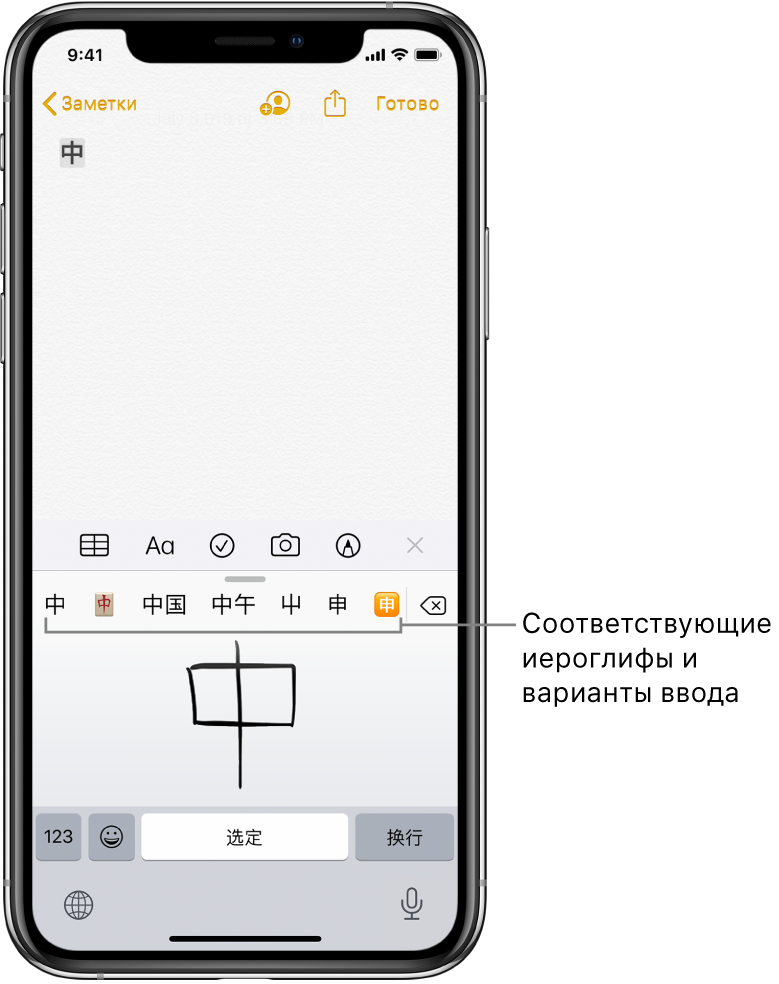 Приложение «Заметки» с сенсорной панелью, открытой в нижней половине экрана. В сенсорной панели отображается символ упрощенного китайского письма, нарисованный от руки. Предложенные символы появляются выше, а выбранный символ — в верхней части заметки.
