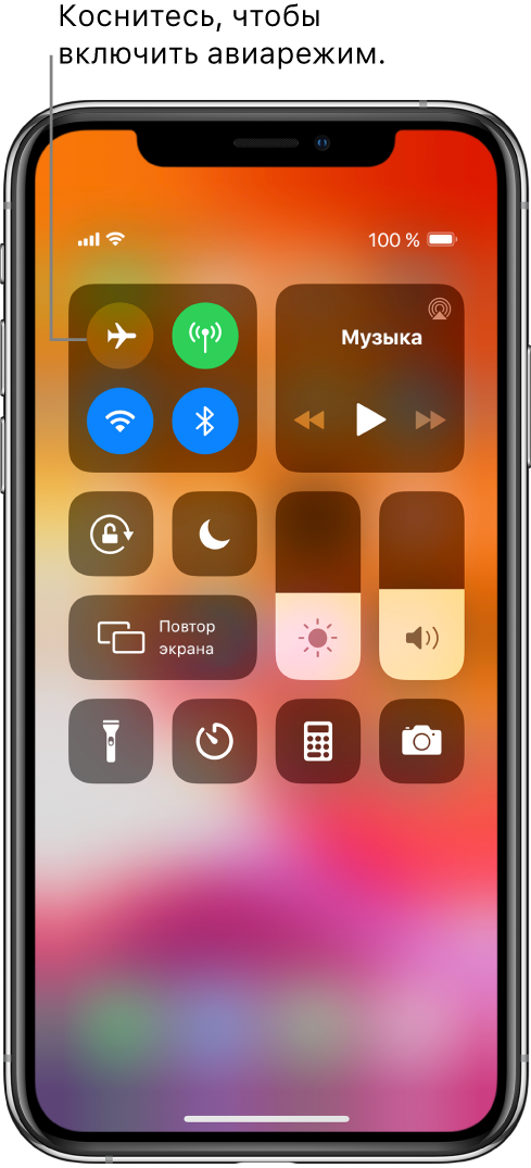 Экран Пункта управления со сноской, на которой объясняется, что если коснуться левой верхней кнопки, включится авиарежим.