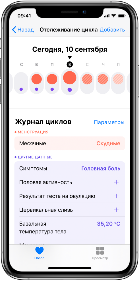 В верхней части экрана «Отслеживание цикла» показана недельная временная шкала. Первые три дня выделены сплошными красными кружками, а последние два — светло синими. Под временной шкалой расположены параметры для добавления информации о месячных, симптомах и др.