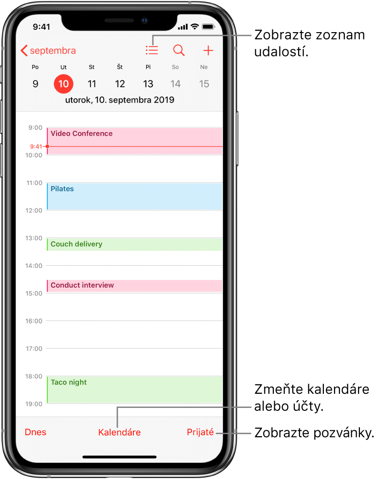 Kalendár v zobrazení dňa s dennými udalosťami. Ak chcete zmeniť účty kalendára, klepnite na tlačidlo Kalendáre v dolnej časti obrazovky. Klepnutím na tlačidlo Prijaté vpravo dole zobrazíte pozvánky.