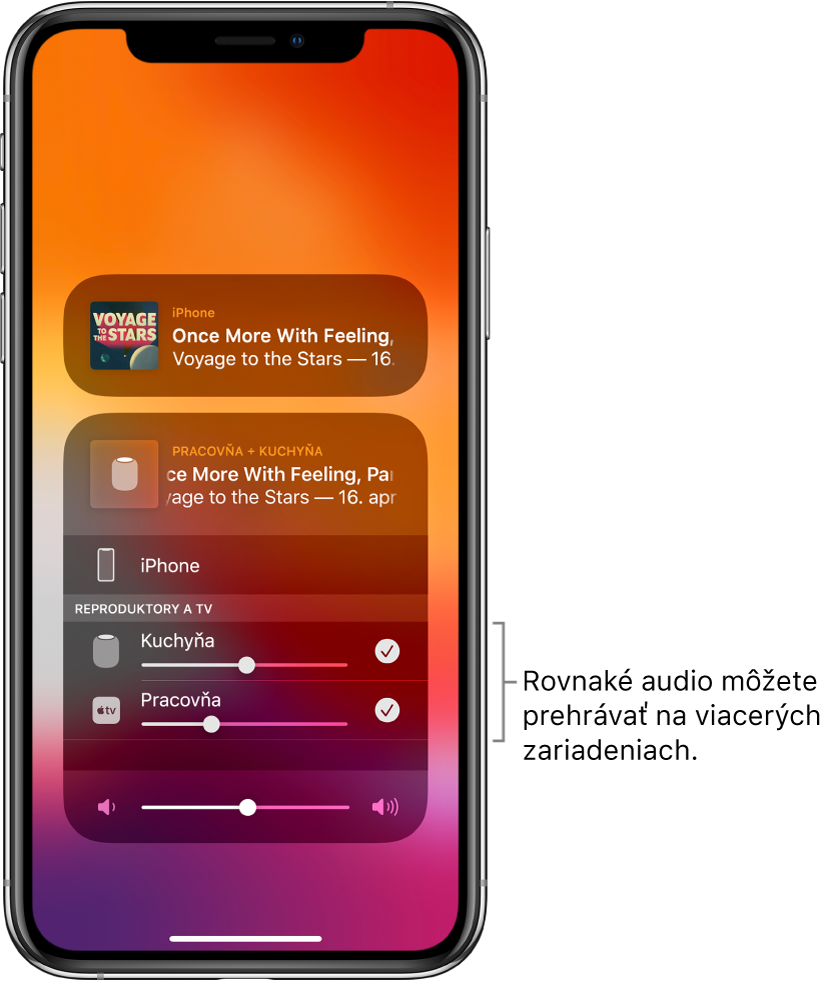 Obrazovka iPhonu, na ktorej sú HomePod a Apple TV vybrané ako ciele audia.