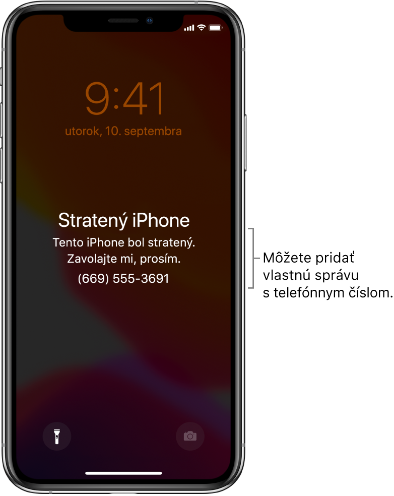 Zamknutá obrazovka iPhonu so správou: „Stratený iPhone. Tento iPhone je stratený. Zavolajte mi. (669) 555-3691.“ Môžete pridať vlastnú správu s vaším telefónnym číslom.