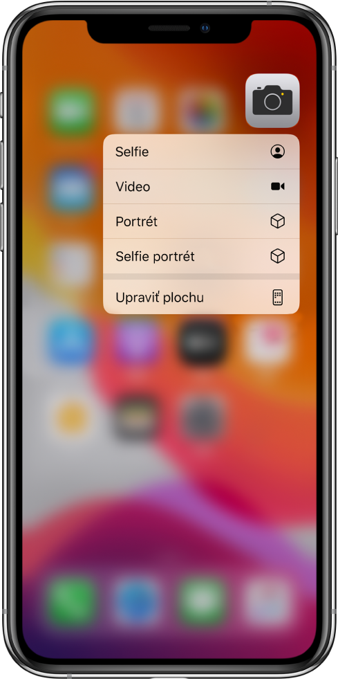 Rozostrená plocha, na ktorej je menu rýchlych akcií Kamery pod apkou Kamera.