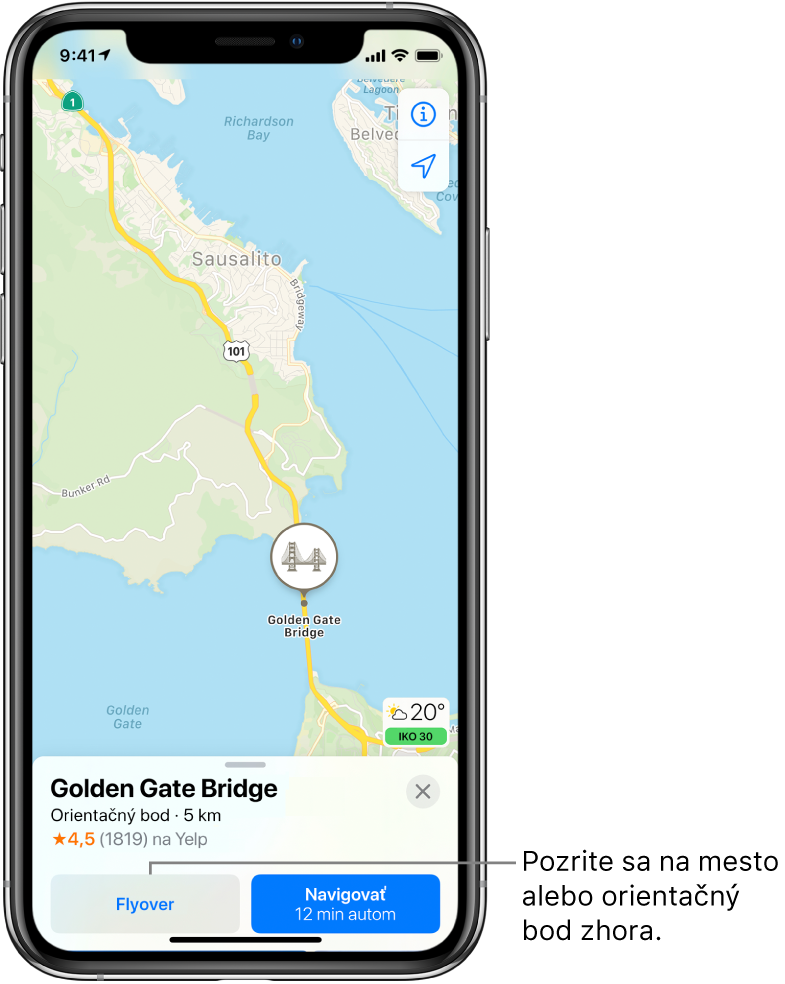 Mapa San Francisca. Na karte s informáciami o moste Golden Gate Bridge v dolnej časti obrazovky sa naľavo od tlačidla Trasa zobrazuje tlačidlo Flyover.