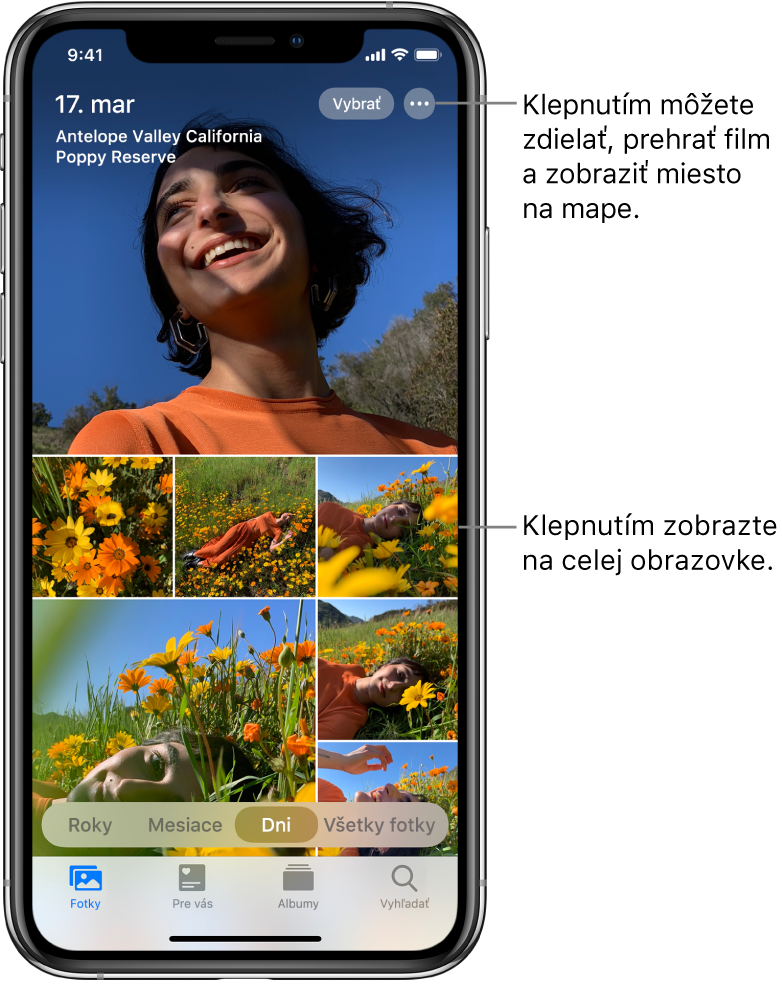 Knižnica fotiek v zobrazení Deň. Obrazovka je vyplnená výberom miniatúr fotiek. V ľavom hornom rohu obrazovky je uvedený dátum a miesto zhotovenia fotiek. Vpravo hore sa nachádzajú tlačidlá Vybrať a Ďalšie možnosti, pomocou ktorých možno fotky zdieľať a zobraziť detaily. Pod miniatúrami sa nachádzajú možnosti zobrazenia knižnice fotiek podľa rokov, mesiacov a dní spolu s možnosťou Všetky fotky. V dolnej časti sa nachádzajú taby Fotky, Pre vás, Albumy a Vyhľadať.