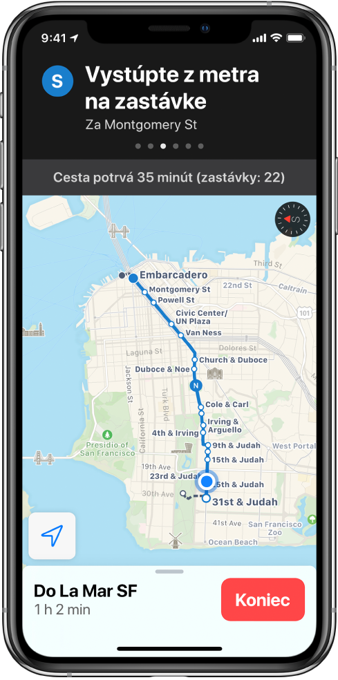 Mapa s trasou verejnou dopravou cez San Francisco. V hornej časti obrazovky sa nachádza karta trasy s pokynom „Vystúpte z vlaku na zastávke Embarcadero“.