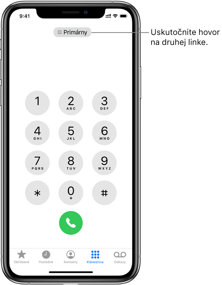 Číselná klávesnica apky Telefón. V spodnej časti obrazovky sa zľava doprava nachádzajú taby Obľúbené, Posledné, Kontakty, Klávesnica a Odkazovač.