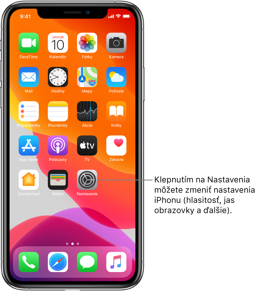 Plocha s niekoľkými ikonami vrátane ikony apky Nastavenia, po klepnutí na ktorú môžete upraviť hlasitosť, jas obrazovky a ďalšie nastavenia iPhonu.