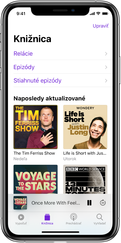 Záložka Knižnica zobrazuje nedávno aktualizované podcasty.