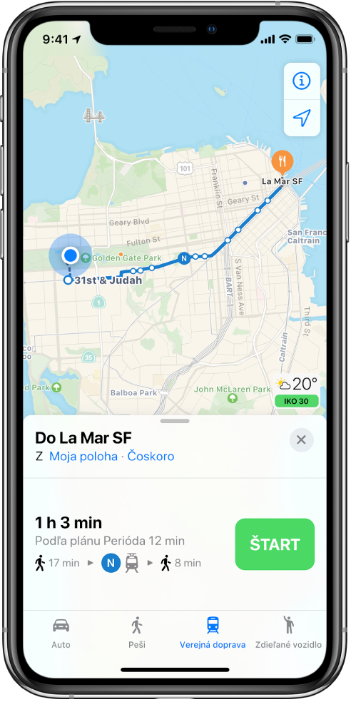 Mapa, na ktorej je vidieť trasa verejnou dopravou cez San Francisco. V dolnej časti obrazovky sa na karte trasy nachádza tlačidlo Začať.