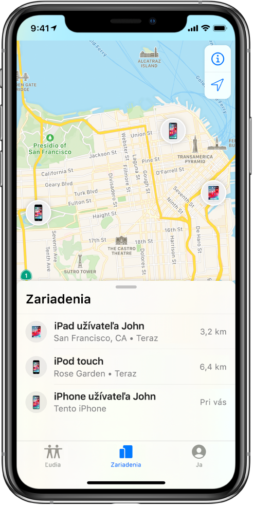 V zozname Zariadenia sú tri zariadenia: Johnov iPad, Johnov iPod touch a Johnov iPhone. Ich polohy sú zobrazené na mape San Francisca.
