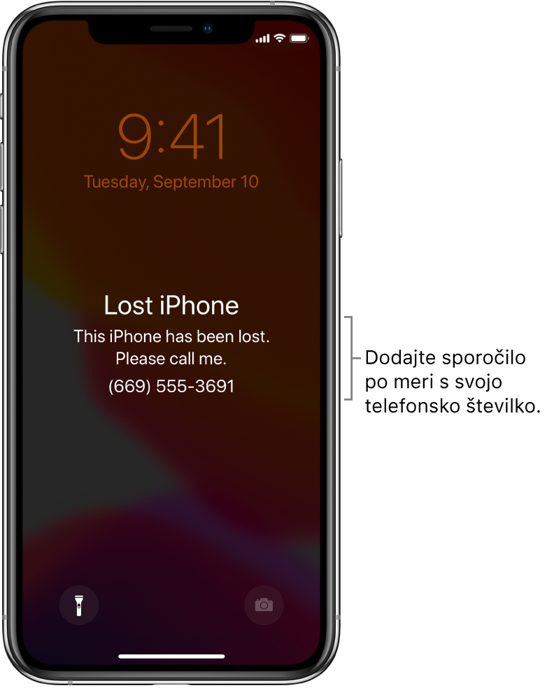 Zaklenjen zaslon naprave iPhone s sporočilom: »Lost iPhone. This iPhone has been lost. Please call me. (669) 555-3691.« Dodate lahko sporočilo po meri s svojo telefonsko številko.