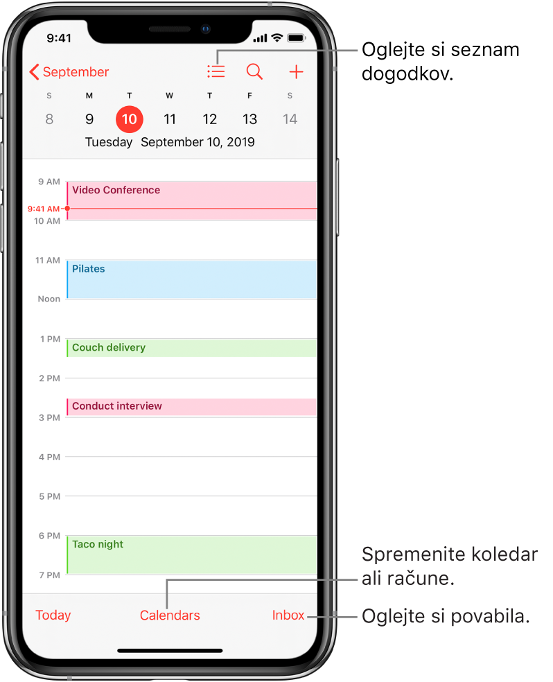 Koledar v dnevnem pogledu, ki prikazuje dogodke določenega dne. Tapnite gumb »Calendars« na spodnjem delu zaslona, da spremenite račun koledarja. Tapnite gumb »Inbox« v spodnjem desnem kotu zaslona, da si ogledate vabila.