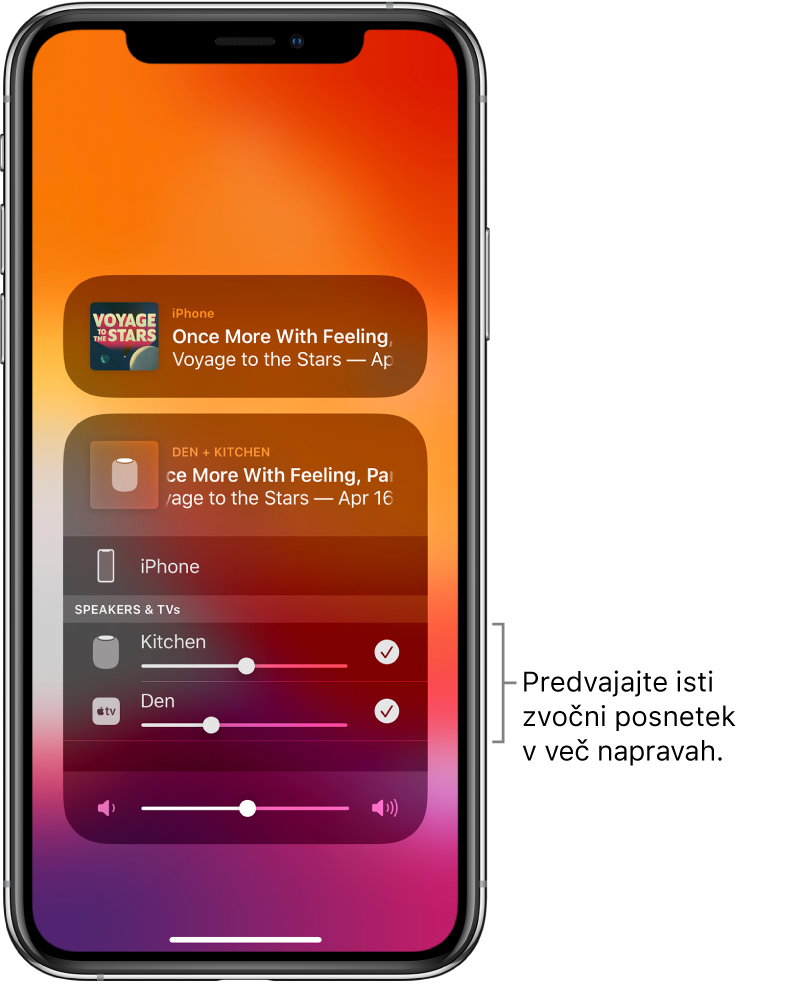 Zaslon iPhona kot izbrani zvokovni mesti prikazuje HomePod in Apple TV.