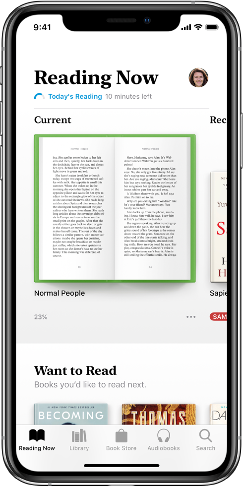 V aplikaciji Books je izbran zavihek »Reading Now«. Na dnu zaslona so od leve proti desni zavihki »Reading Now«, »Library«, »Book Store«, »Audiobooks« in »Search«.