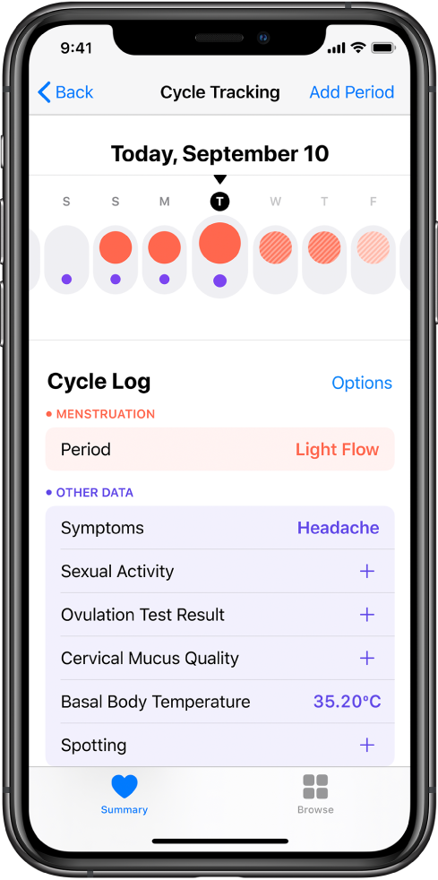 V aplikaciji Health je izbran zavihek »Cycle Tracking«.