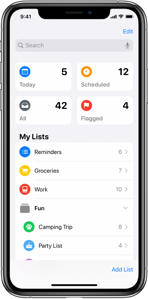Zaslon prikazuje več seznamov v aplikaciji Reminders. Pametni seznami so prikazani na vrhu opomnikov za trenutni datum, načrtovanih opomnikov in označenih opomnikov. Gumb »Add List« je spodaj desno.