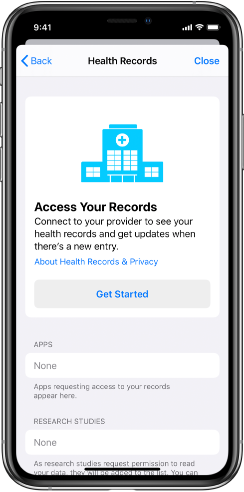 Zaslon »Get Started« za pripravo prenosov z zapisi o zdravju.