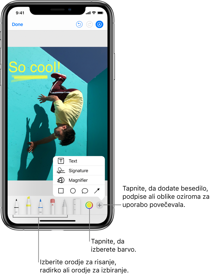 Slika v oknu »Markup«. Pod sliko so od leve proti desni gumbi za orodja za označevanje: peresa, radirka, orodje za izbiranje, barve ter gumbi za dodajanje besedilnega polja, vašega podpisa in oblik ter za izbiro lupe.