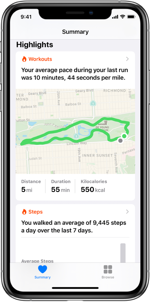 Na zaslonu »Summary« v aplikaciji Health so prikazani izpostavljeni podatki, ki vključujejo čas, razdaljo in pot zadnjega teka ter povprečno število korakov na dan v zadnjih 7 dneh.