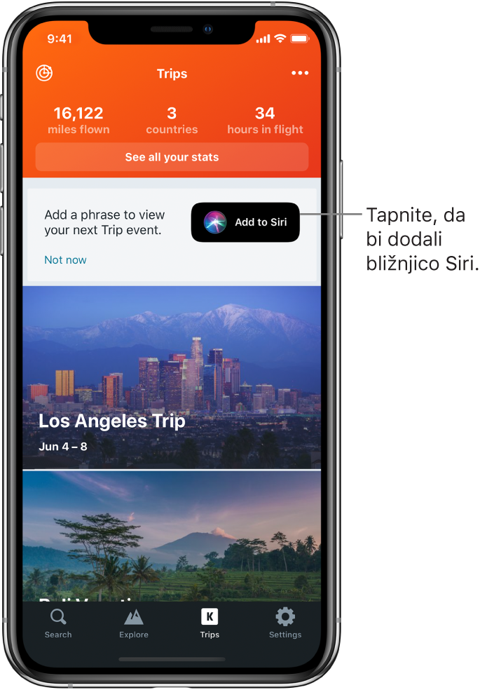 Zaslon aplikacije za potovanja. Gumb »Add to Siri« je poleg besedila »Add a phrase to view your next trip event«.