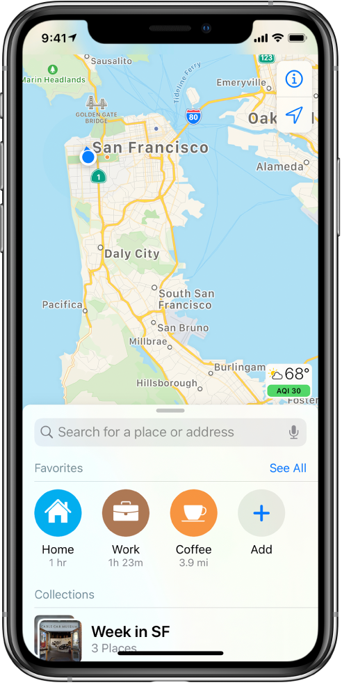 Zemljevid zaliva San Francisco s priljubljenima lokacijama, ki sta prikazani pod iskalnim poljem. Priljubljeni lokaciji sta »Home« in »Work«.