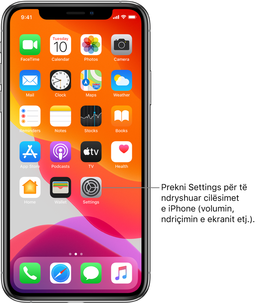 Ekrani Home me disa ikona, duke përfshirë ikonën Settings, të cilën mund ta prekni për të ndryshuar volumin, ndriçimin e ekranit etj. në iPhone tuaj.