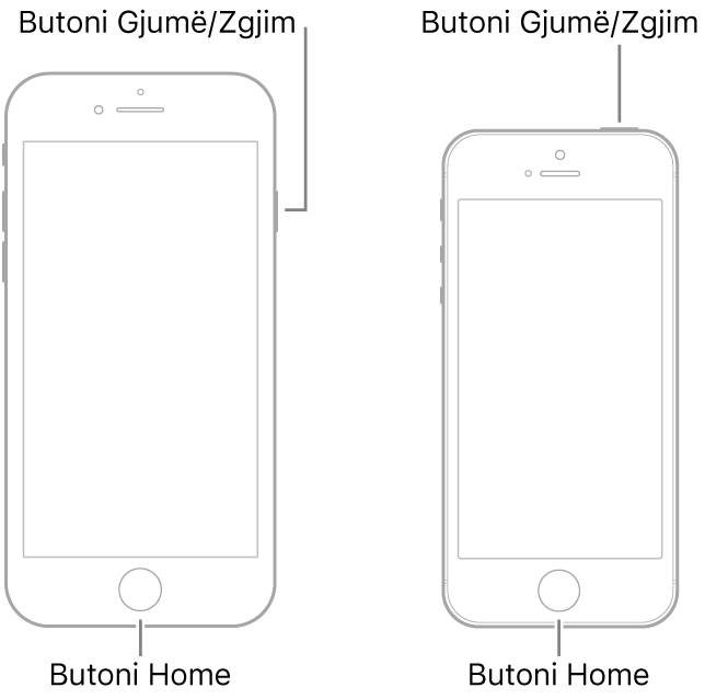 Ilustrimet e dy modeleve të iPhone me ekranet e kthyera lart. Të dyja kanë butonat Home pranë pjesës së poshtme të pajisjeve. Modeli më në të majtë ka një buton Sleep/Wake në anën e djathtë të pajisjes pranë pjesës së sipërme, ndërsa modeli më në të djathtë ka një buton Sleep/Wake në pjesën e sipërme të pajisjes, pranë anës së djathtë.