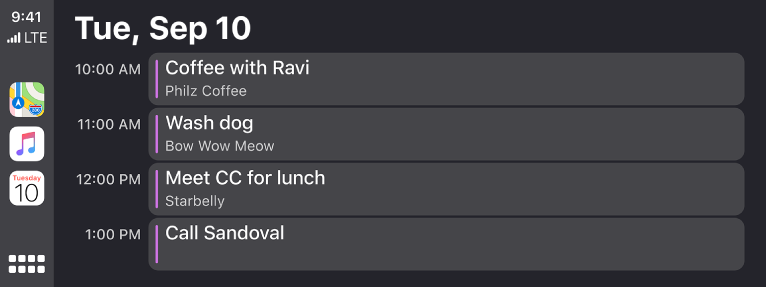 Një ekran kalendari në CarPlay që tregon 4 evenimente për Tuesday, September 10.