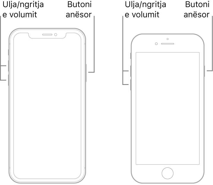 Ilustrimet e dy modeleve të iPhone me ekranet e kthyera lart. Modeli më majtas nuk ka një buton Home, ndërsa modeli më djathtas ka një buton Home pranë pjesës së poshtme të pajisjes. Për të dyja modelet, butonat e volumit lart dhe volumit poshtë shfaqen në anët e majta të pajisjeve dhe një buton anësor shfaqet në anët e djathta.
