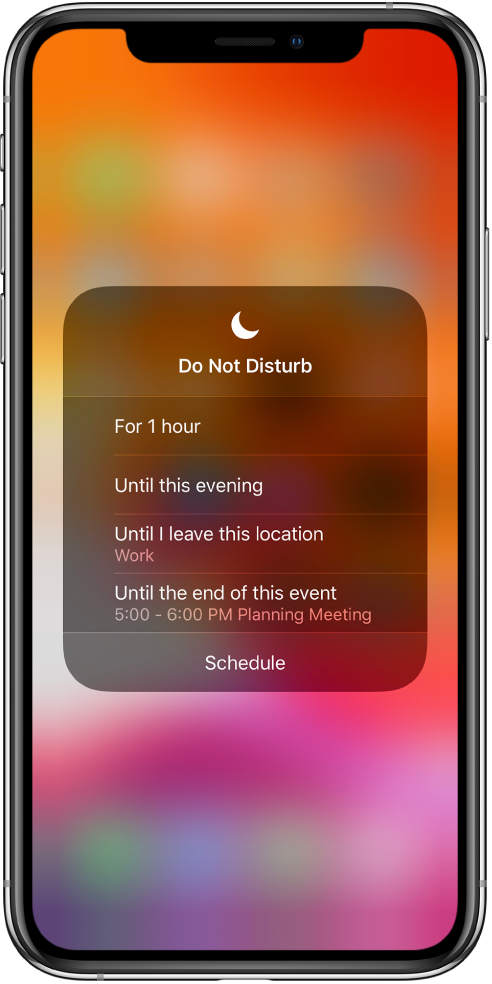 Ekrani për zgjedhjen e kohëzgjatjes së lënies aktive të Do Not Disturb - opsionet janë "For 1 hour", "Until this evening", "Until I leave this location" dhe "Until the end of this event".