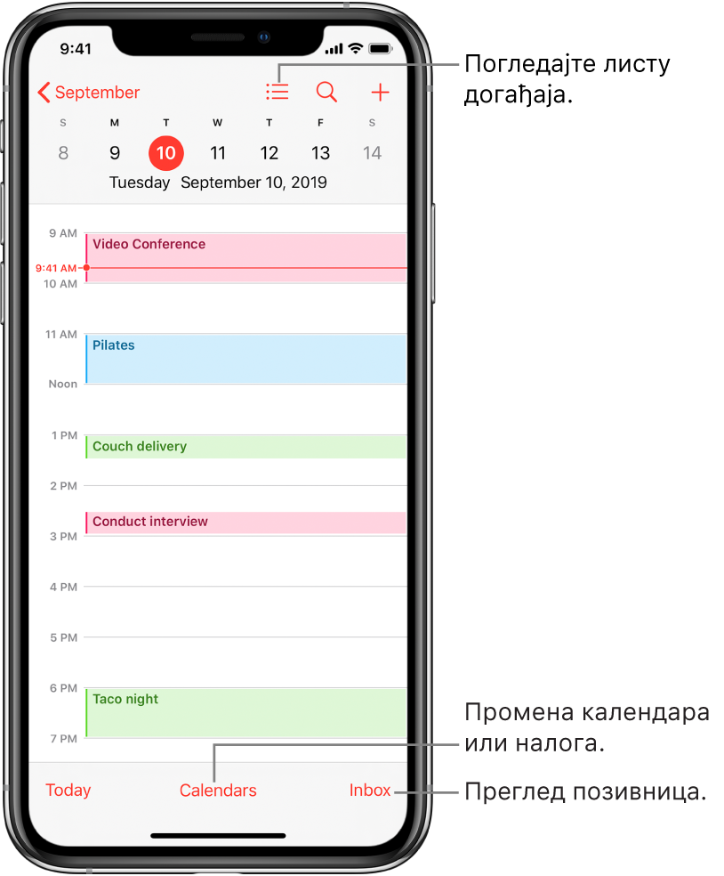 Дневни приказ календара на ком су приказани дневни догађаји. Тапните на дугме Calendars при дну екрана да бисте променили налоге календара. Тапните на дугме Inbox које се налази у доњем десном углу да бисте видели позивнице.