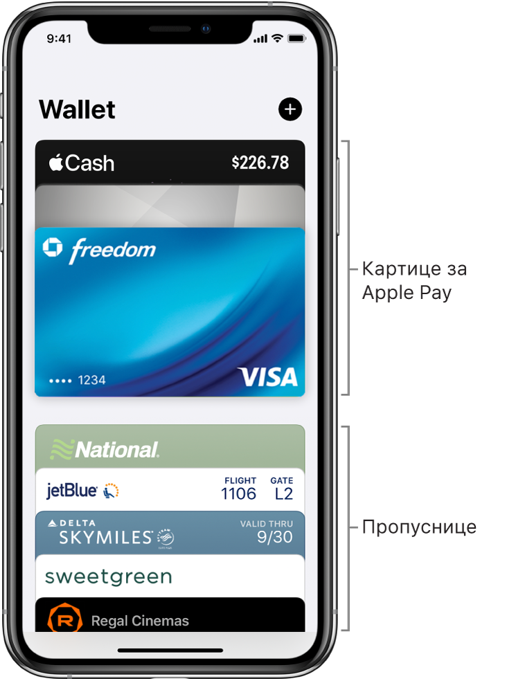 На екрану апликације Wallet можете да видите неколико кредитних и дебитних картица и пропусница.