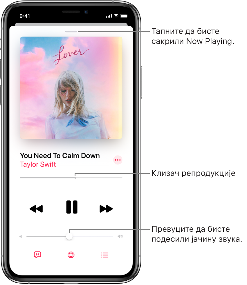 Екран Now Playing са приказом омота албума. Испод су приказани наслов нумере, назив извођача, дугме More, глава за репродукцију, контроле за репродукцију, клизач за контролу јачине звука, дугме Lyrics, дугме за Playback Destination и дугме Playing Next. Дугме Hide Now Playing налази се при врху.