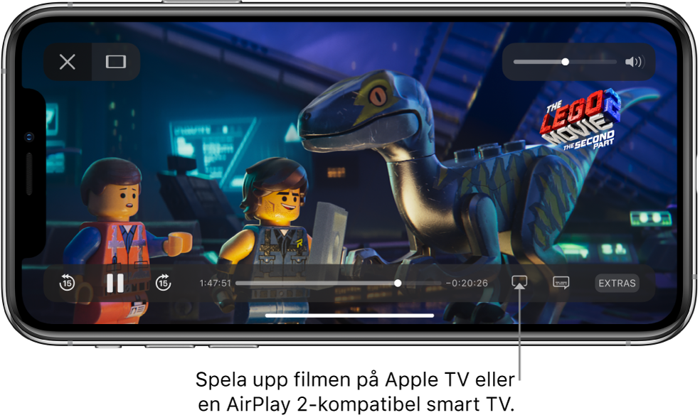 En film spelas upp på iPhone-skärmen. Längst ned på skärmen finns uppspelningsreglagen, inklusive knappen för skärmdubblering långt ned till höger.