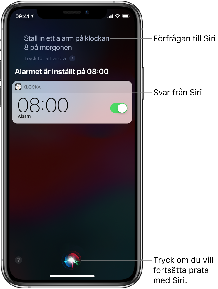 Siri-skärmen visar att någon har bett Siri att ställa in ett alarm på kl. 08:00, och Siris svar ”OK, det är på”. En notis från appen Klocka som visar att ett alarm är aktiverat för kl. 08:00. Längst ned i mitten av skärmen finns en knapp för att fortsätta prata med Siri.