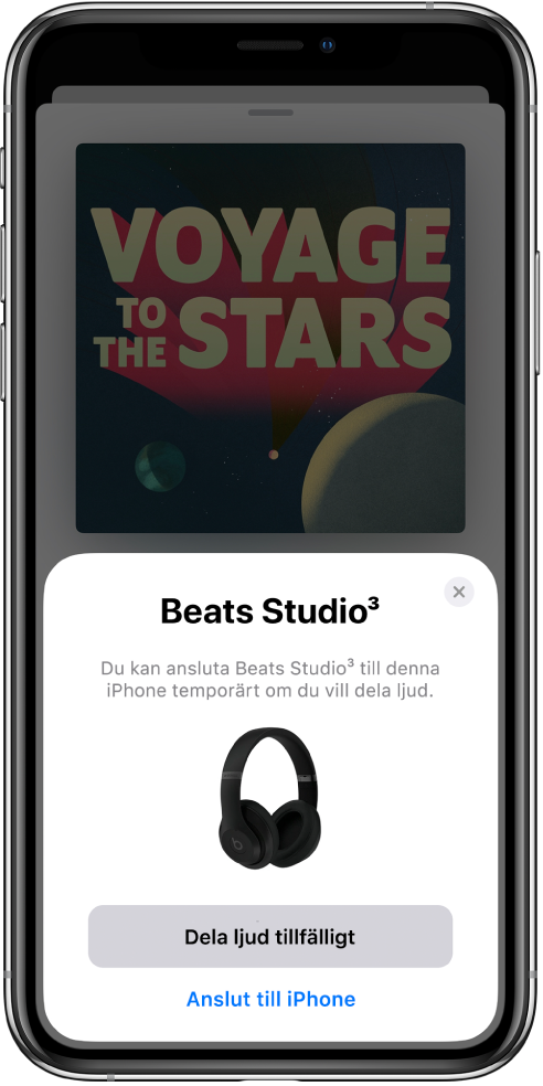 En iPhone-skärm med en bild på Beats-hörlurar. Nederst på skärmen finns en knapp för att dela ljud tillfälligt.