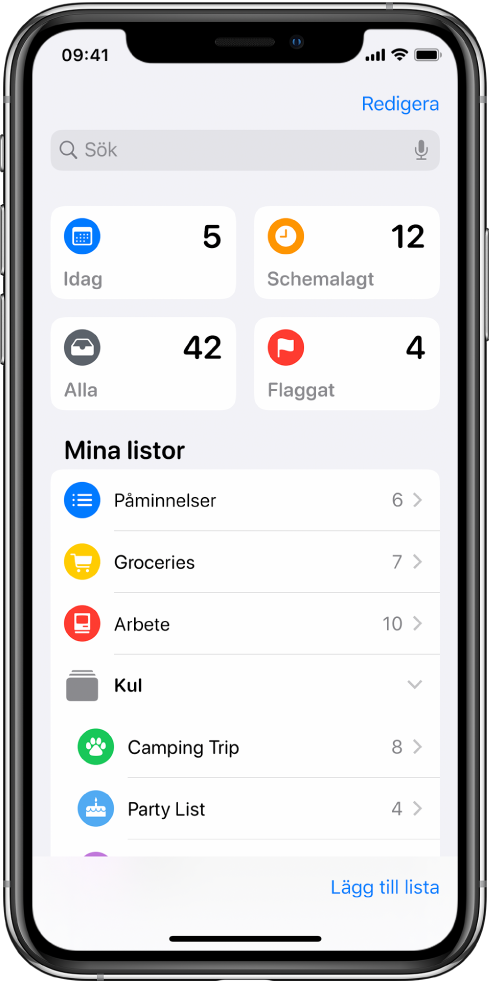En skärm visar flera listor i Påminnelser. Smarta listor visas överst för påminnelser som ska vara klara idag, schemalagda påminnelser och flaggade påminnelser. Längst ned till höger finns knappen Lägg till lista.