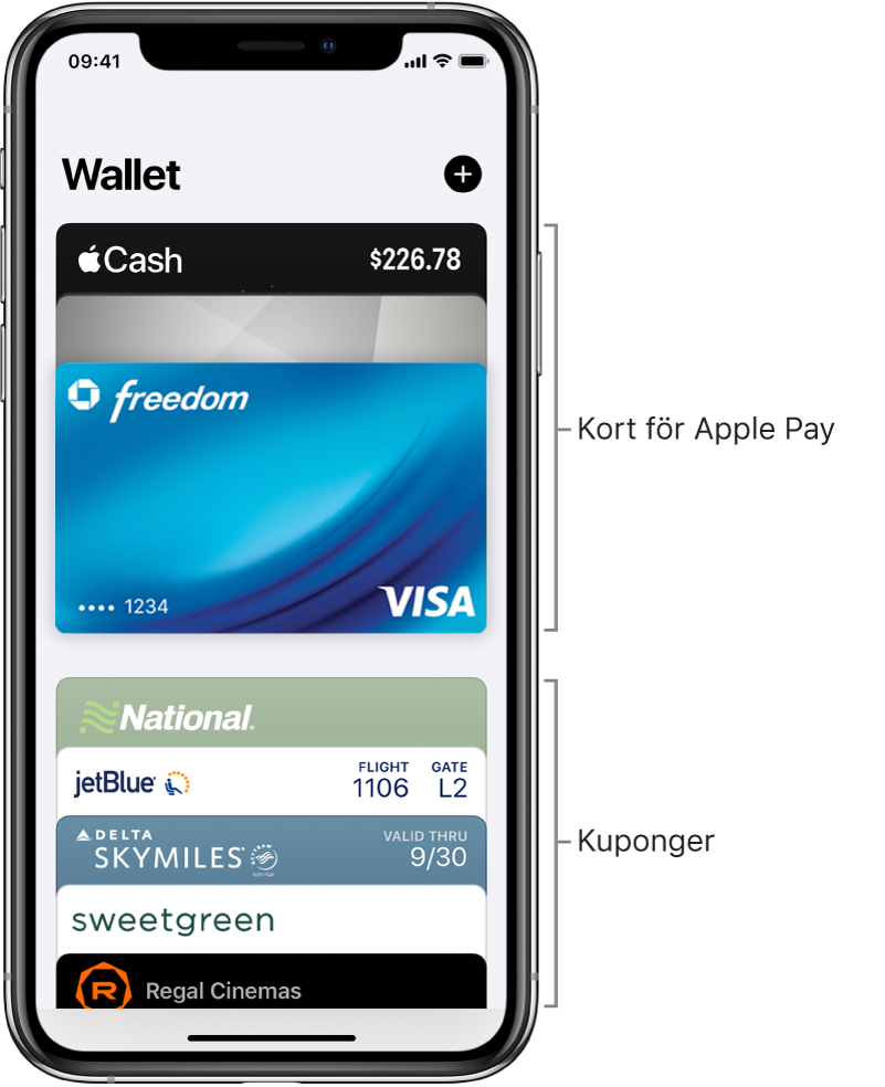 Wallet-skärmen med flera kreditkort, bankkort och kuponger.