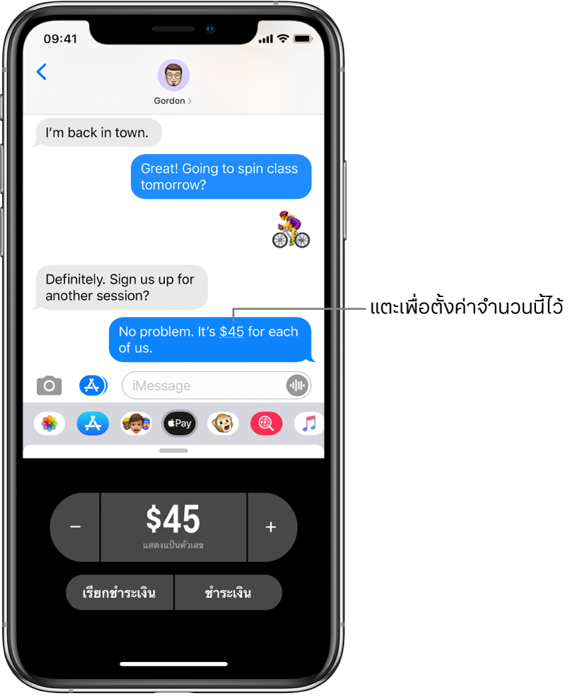 บทสนทนา iMessage ที่มีแอพ Apple Pay เปิดอยู่ด้านล่างสุด