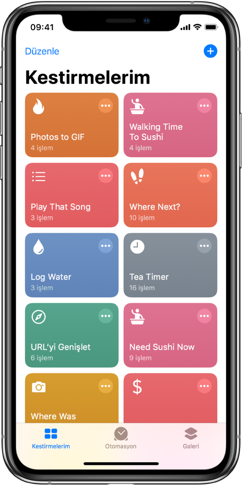 Kestirmelerim sekmesi. Çay sayacı kurma ve suşi restoranı bulma için genel günlük görevleri tamamlama kestirmelerinin bir listesi. Alt kısımda Otomasyon ve Galeri sekmeleri bulunur.
