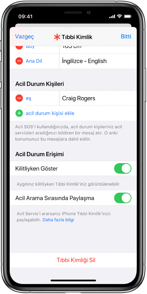 Bir Tıbbi Kimlik ekranı. En altta, iPhone ekranı kilitliyken ve acil arama yaparken Tıbbi Kimlik bilgilerinizi gösterme seçenekleri bulunuyor.